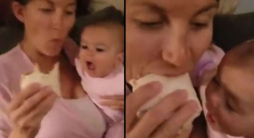 فيديو طريف لرضيع يحاول بشراهة التهام طعام والدته