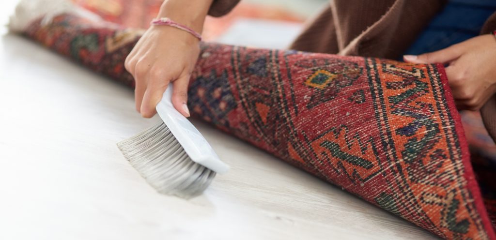امرأة ترفع طرف السجادة وتستخدم الفرشاة كي تُنظّف المنطقة المكشوفة