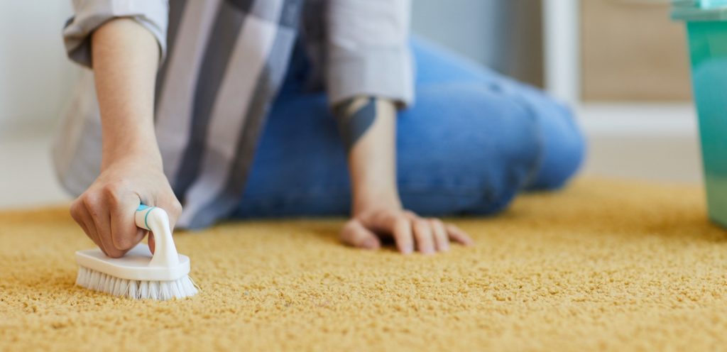 امرأة تنظف السجاد باستخدام الفرشاة