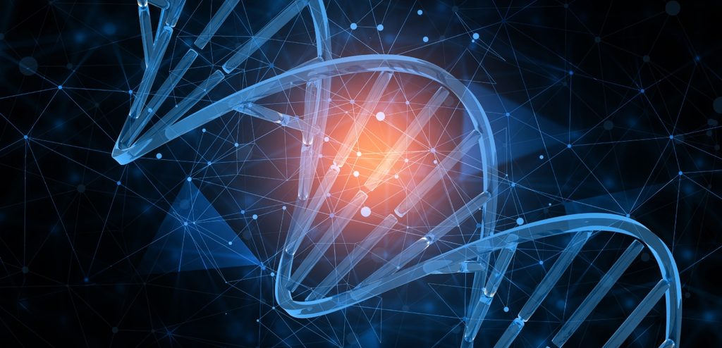 شريط الحمض النووي باللون الأزرق مع وميض باللون الأحمر والأصفر